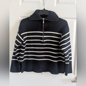 Babaton Aritzia Striped Quarter-Zip Wool Sweater - Navy & White - Size M